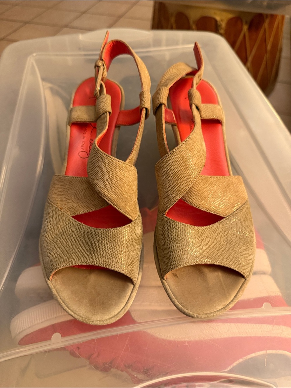 Pas de Rouge Tan Woven Wedge Slingbacks with Coral Insole